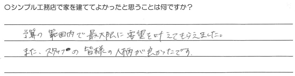 予算の範囲で最大限に要望を叶えてもらえました。また、スタッフの皆様の人柄がよかったです。