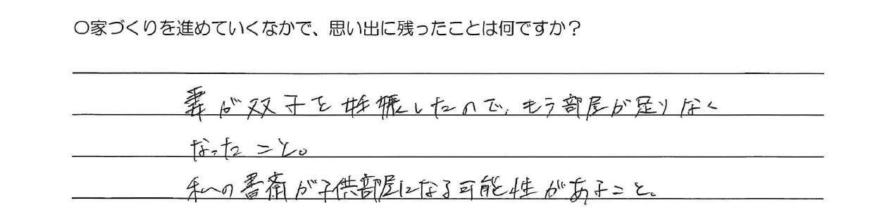 妻が双子を妊娠したので、もう部屋が足りなくなったこと。<br />
私の書斎が子供部屋になる可能性があること。