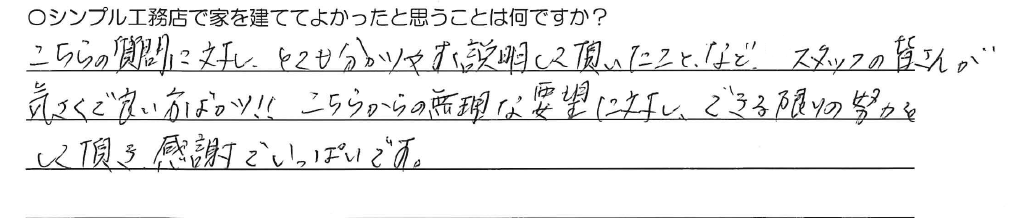 こちらの質問に対し、<br />
とても分かりやすく説明して頂いたことなど、<br />
スタッフの皆さんが気さくで良い方ばかり！！<br />
<br />
こちらからの無理な要望に対し、<br />
できる限りの努力をして頂き、<br />
感謝でいっぱいです。