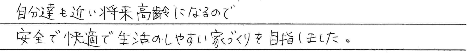 自分達も近い将来高齢になるので<br />
安全で快適で生活のしやすい家づくりを<br />
目指しました。